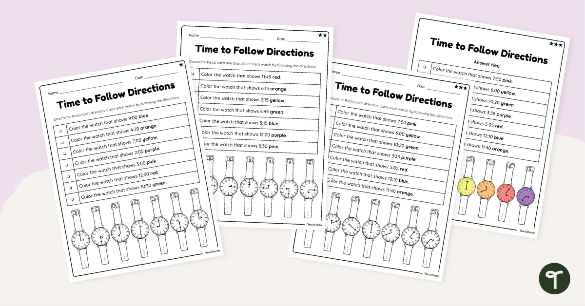 Following Directions Worksheets - Reading a Clock Review teaching resource
