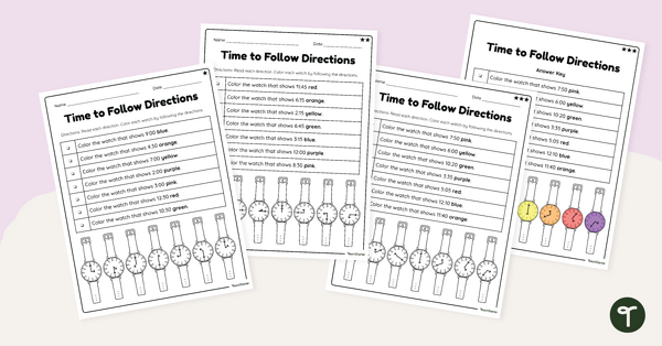 Go to Following Directions Worksheets - Reading a Clock Review teaching resource