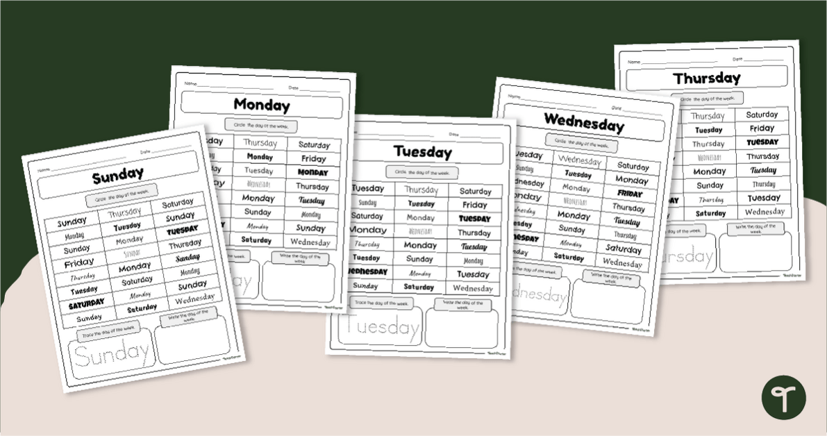 Days of the Week - Year 1 Spelling Homework Worksheets teaching resource