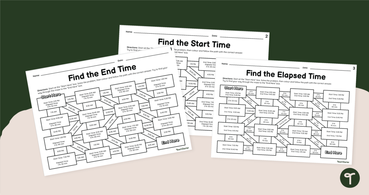 Elapsed Time - Math Maze Worksheets teaching resource