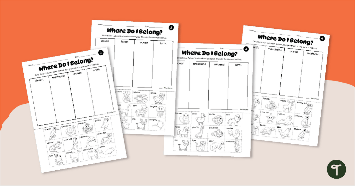 Animals and Their Habitats - Cut and Paste Worksheets teaching resource