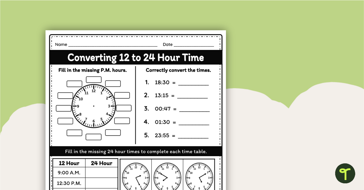 Telling Time in 24 Hour Format Worksheet teaching resource
