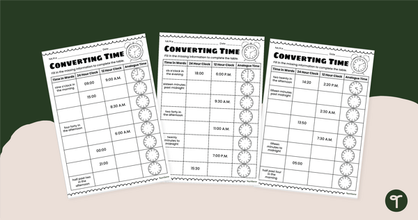 Go to 12/24 Hour Time Conversions - Practice Sheets teaching resource