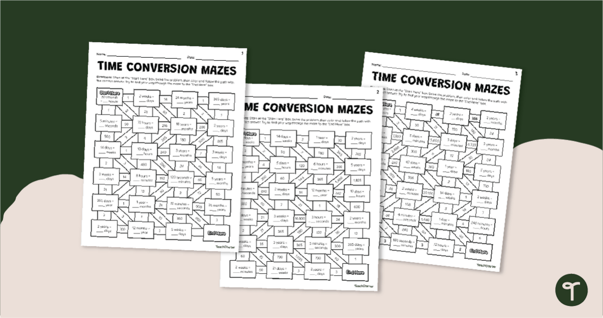 Time Conversion Math Maze Worksheets teaching resource