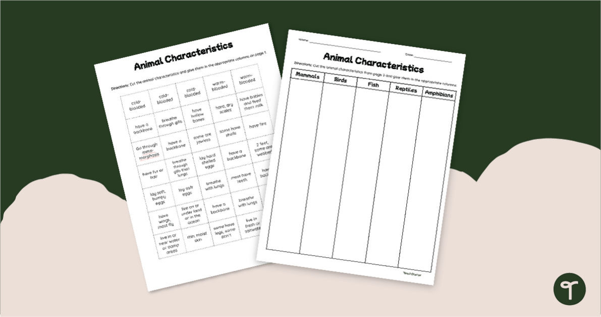 Characteristics of Animal Classes - Cut and Paste Worksheet teaching resource