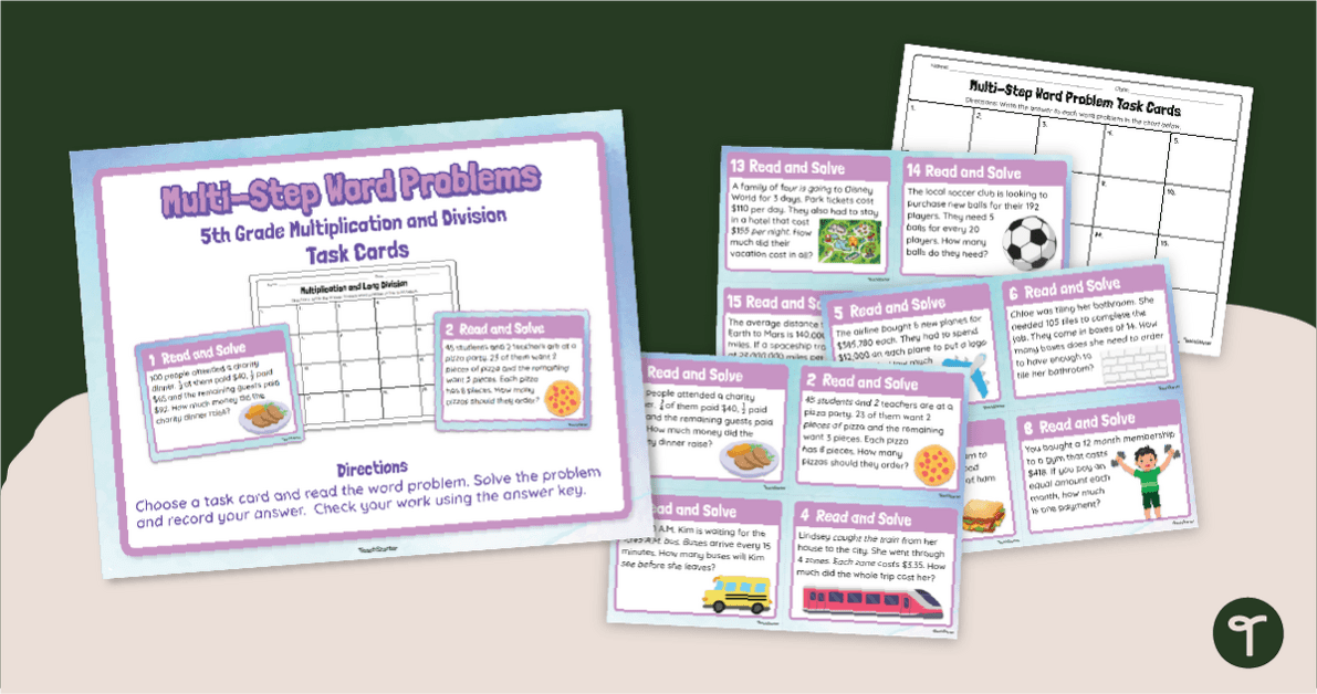 Math Word Problem Task Cards - Multiplication and Long Division teaching resource