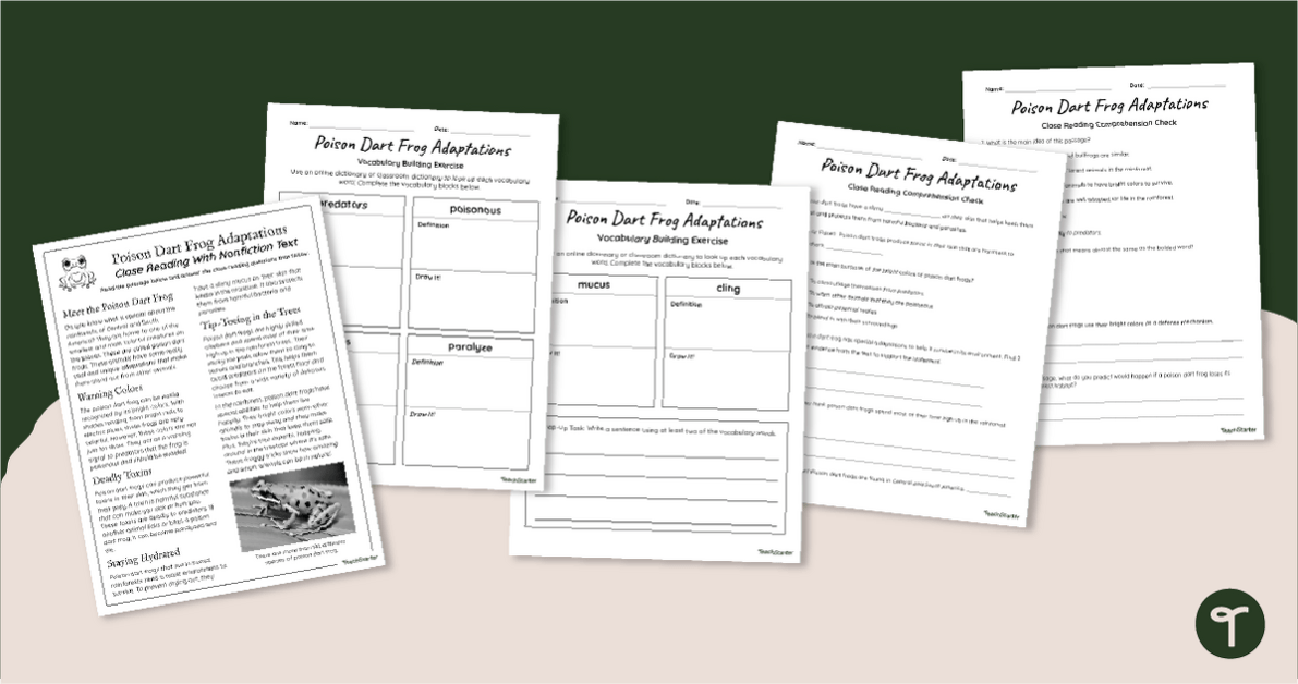 Poison Dart Frog Adaptations – 4th Grade Reading Worksheets teaching resource