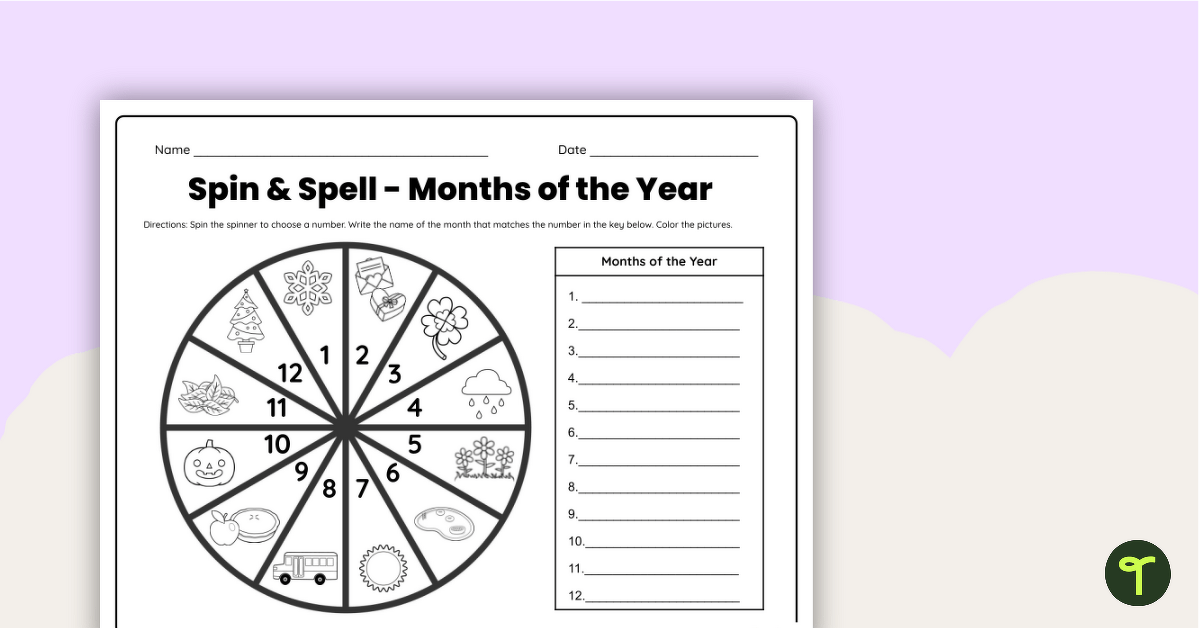 Spin and Spell - Months of the Year Worksheet teaching resource