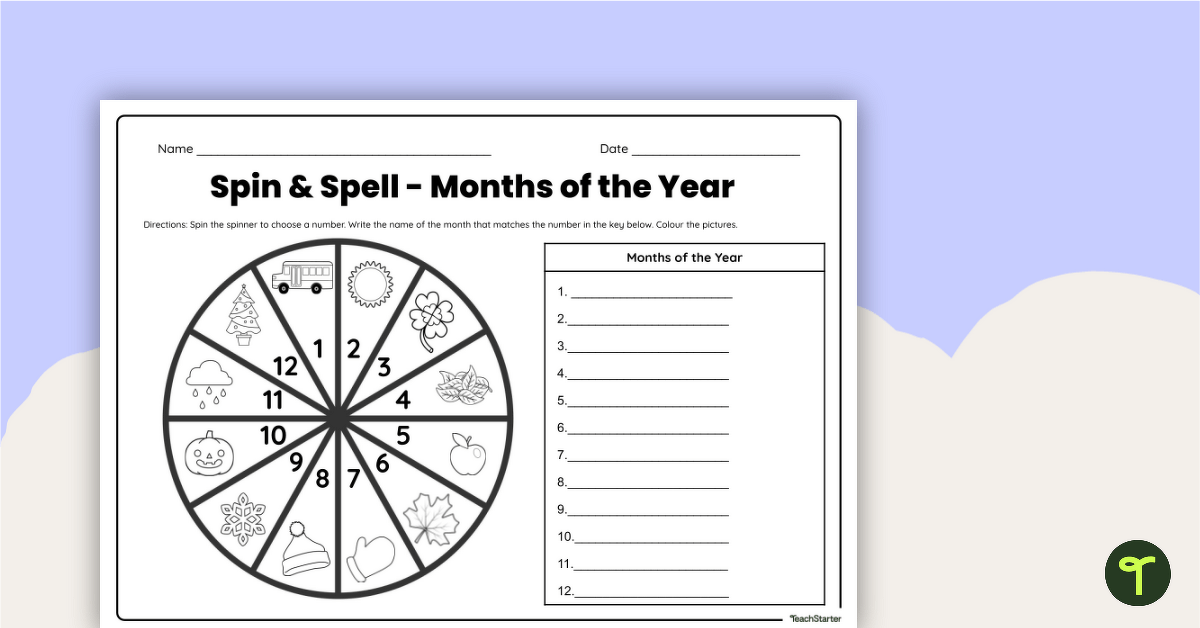 Spinand Spell Spelling - Months of the Year Worksheet teaching resource
