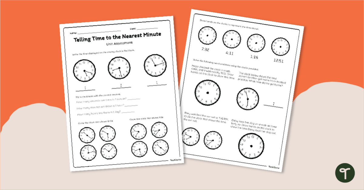 Telling Time to the Nearest Minute Test teaching resource