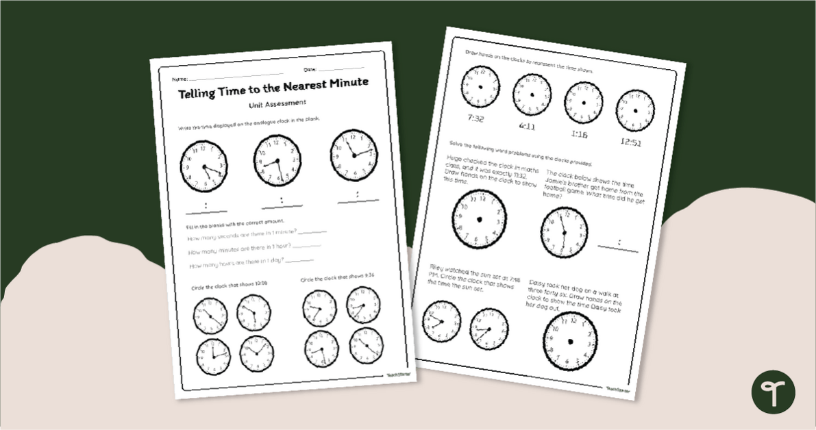 Telling Time to the Nearest Minute Test teaching resource