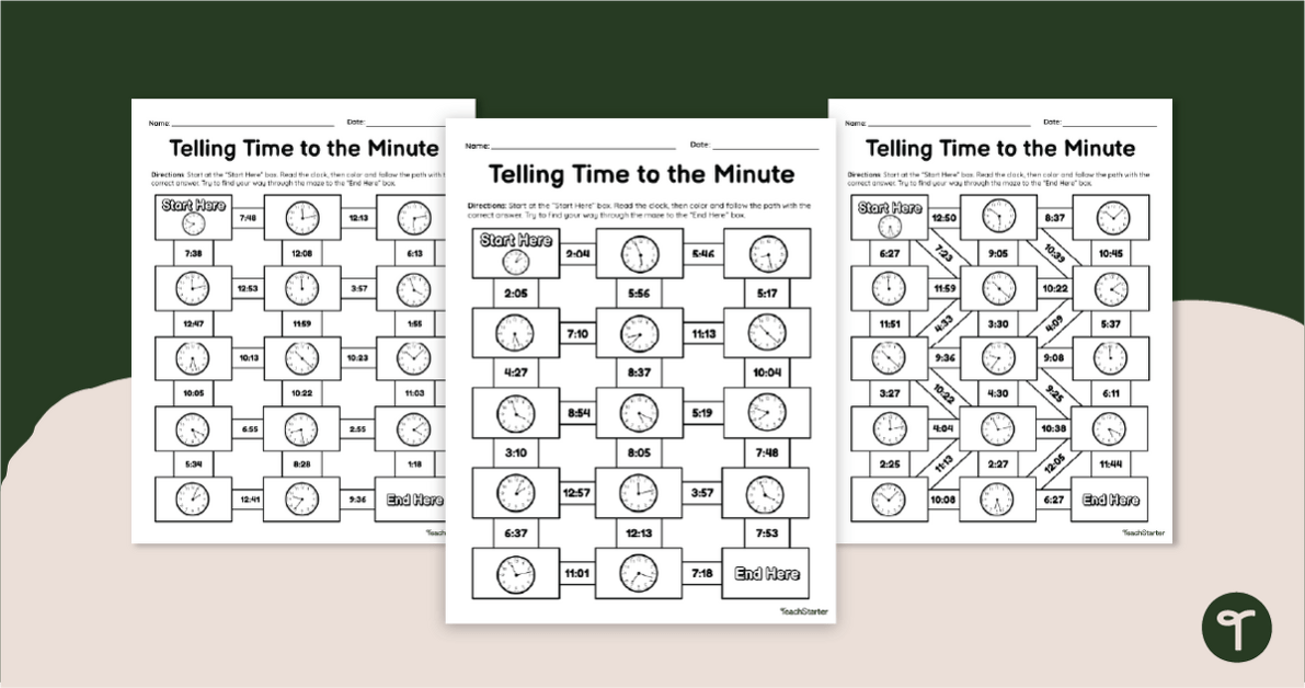 Time in Minutes - Math Maze Worksheets teaching resource