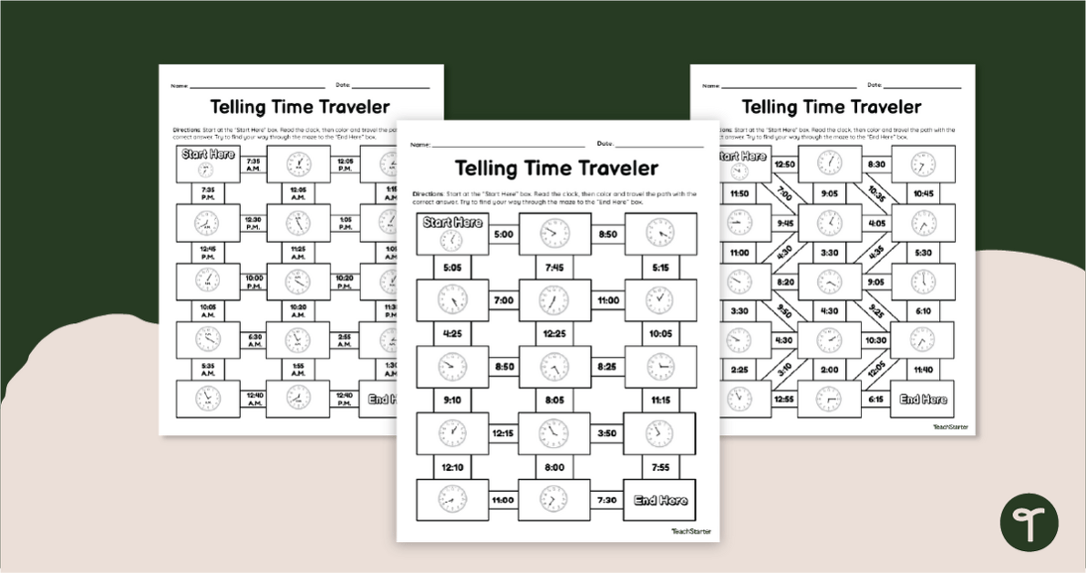 Telling Time Maths Mazes - 5 Minutes teaching resource