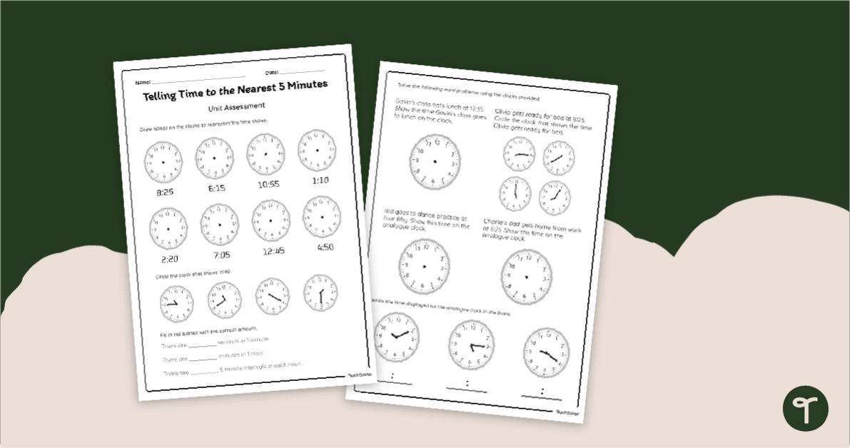 Telling Time Test - Nearest 5 Minutes teaching resource