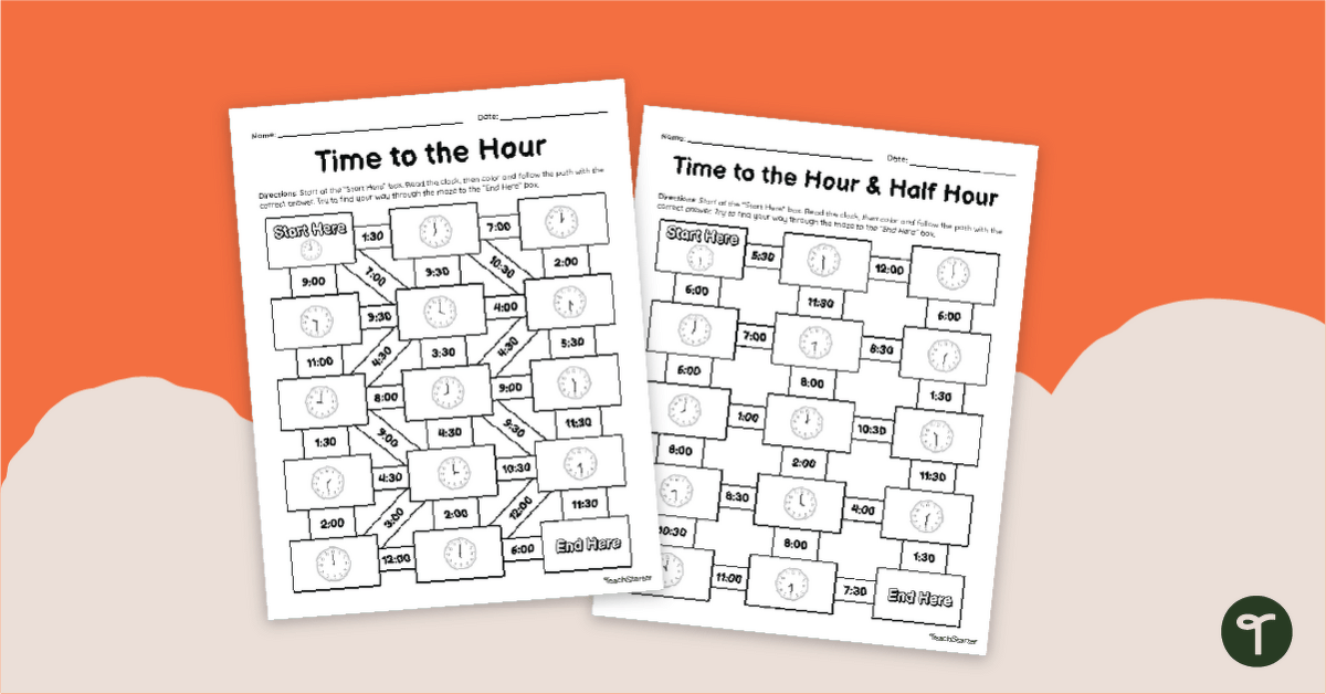 Time to the Hour and Half Hour - Math Mazes teaching resource