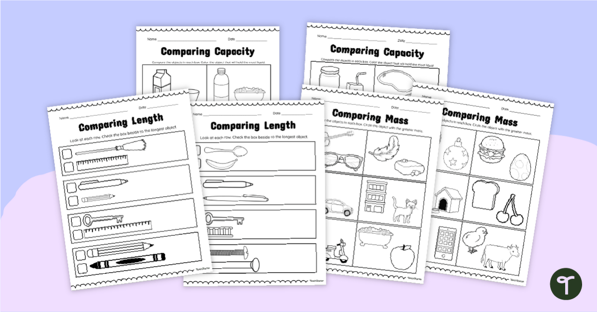 Kindergarten Measurement Worksheets - Comparing Length, Mass, & Capacity teaching resource
