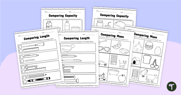 Go to Kindergarten Measurement Worksheets - Comparing Length, Mass, & Capacity teaching resource