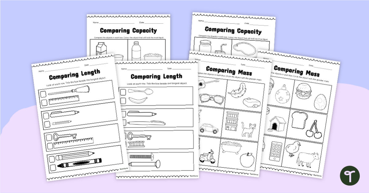Measurement Worksheets for Foundation - Mass, Length, Capacity teaching resource