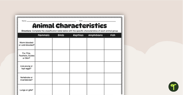 Go to Animal Classification Chart Activity teaching resource