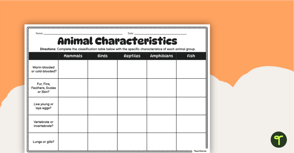 Animal Classification Chart Worksheet teaching resource