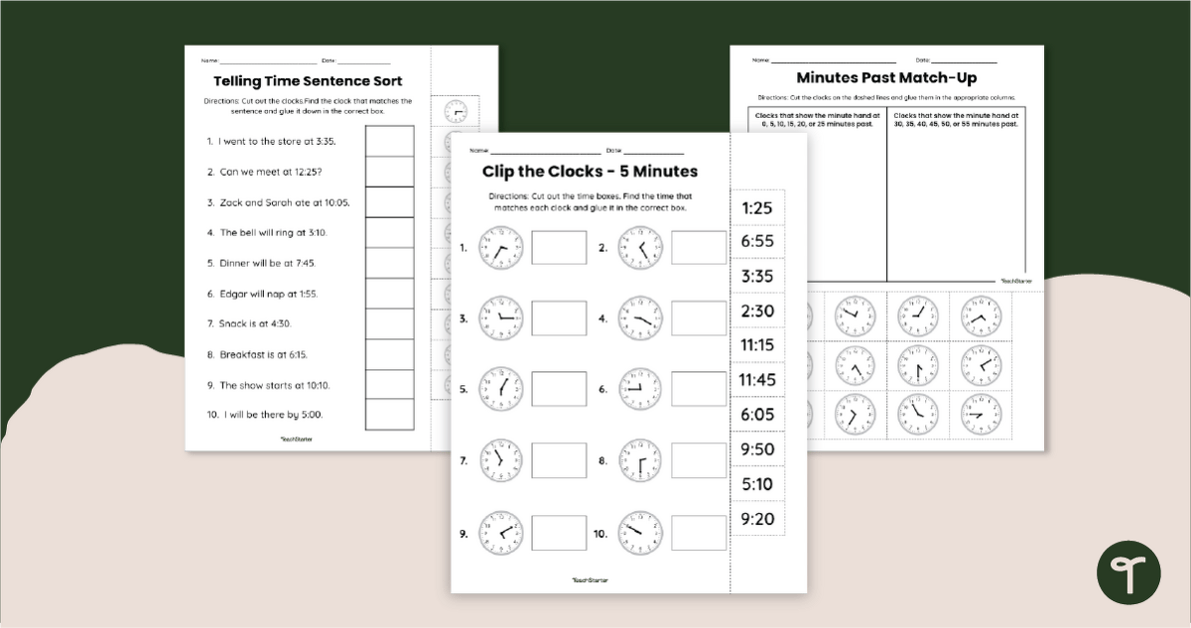 Telling Time to 5 Minutes - Activity Sheets teaching resource