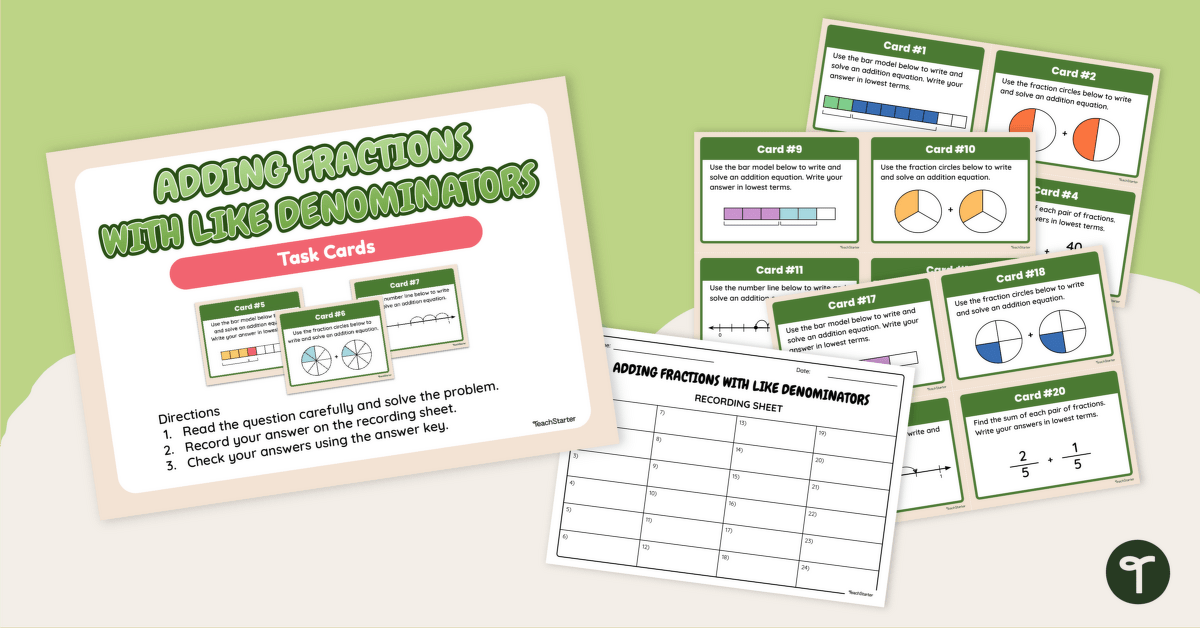 Adding Fractions With Like Denominators Task Cards teaching resource