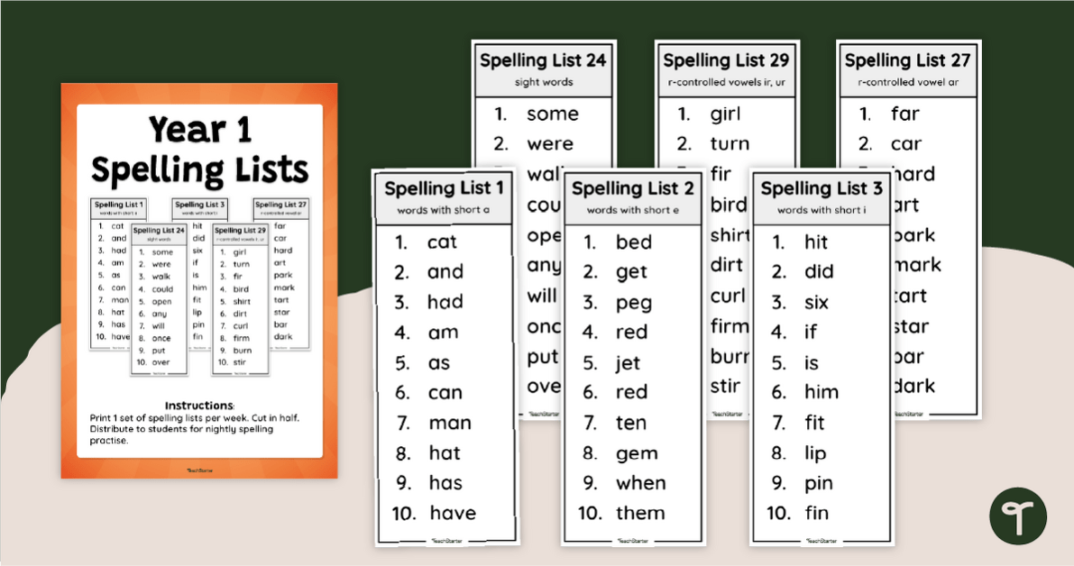 Year 1 Spelling Words - Weekly Lists teaching resource