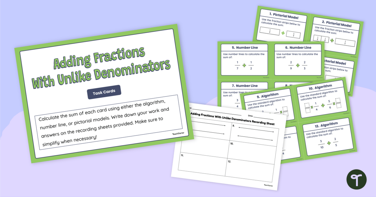 Adding Fractions With Unlike Denominators Task Cards teaching resource