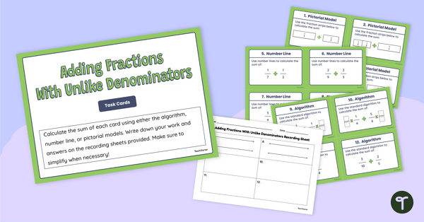 Image of Adding Fractions With Unlike Denominators Task Cards
