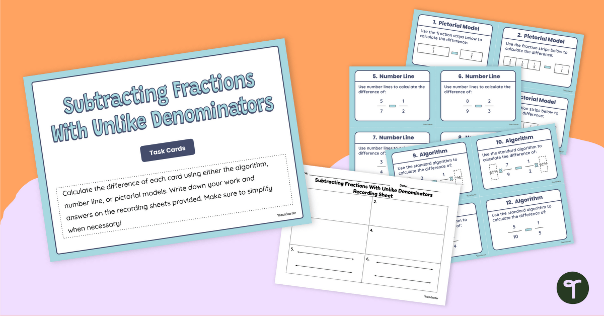 Subtracting Fractions With Unlike Denominators Task Cards teaching resource