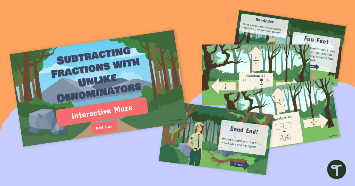 Subtracting Fractions with Unlike Denominators Interactive Maze teaching resource