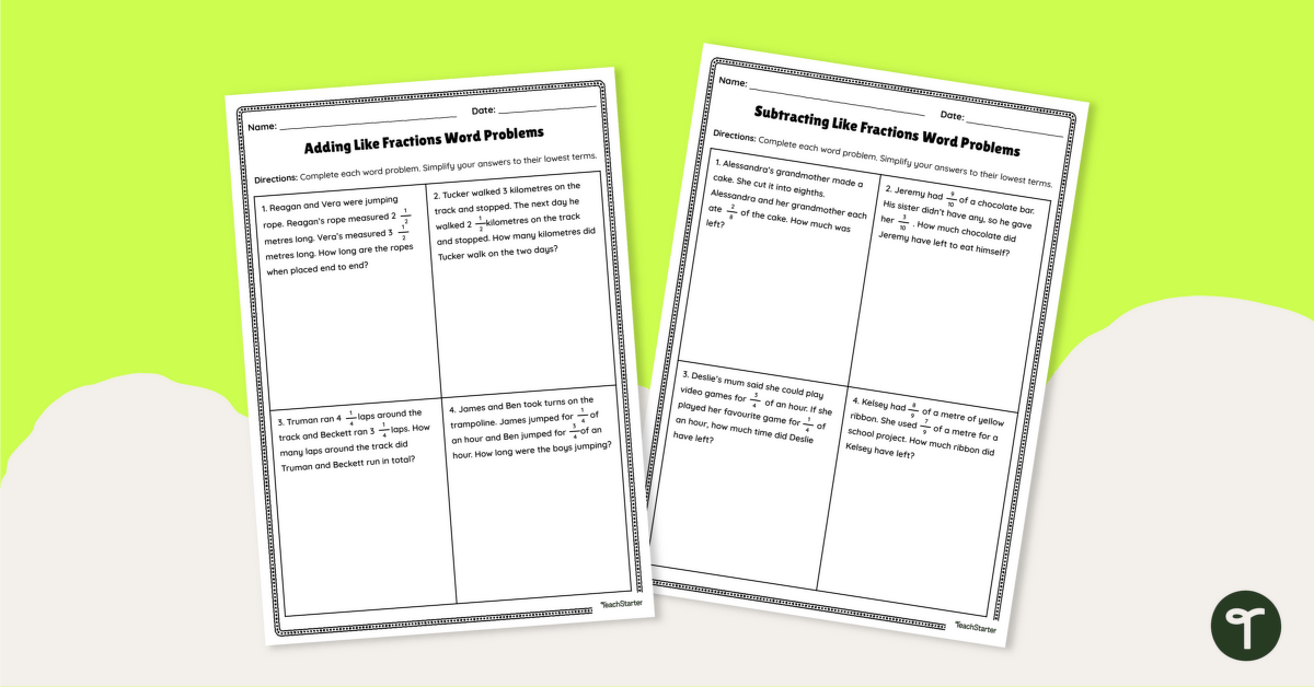 Adding and Subtracting Like Fractions Word Problems Worksheets teaching resource