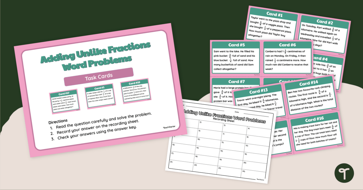 Adding Unlike Fractions Word Problems Task Cards teaching resource
