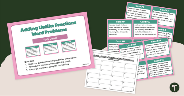 Go to Adding Unlike Fractions Word Problems Task Cards teaching resource
