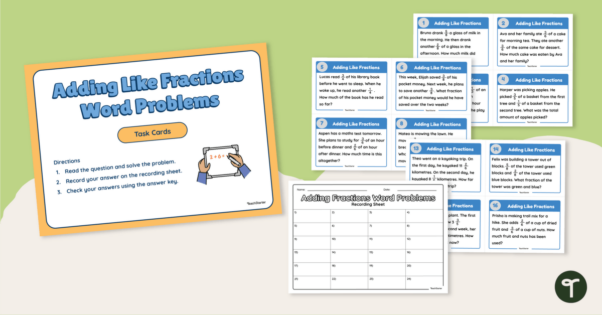 Adding Like Fractions Word Problems Task Cards teaching resource