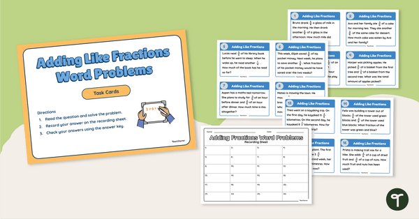 Go to Adding Like Fractions Word Problems Task Cards teaching resource