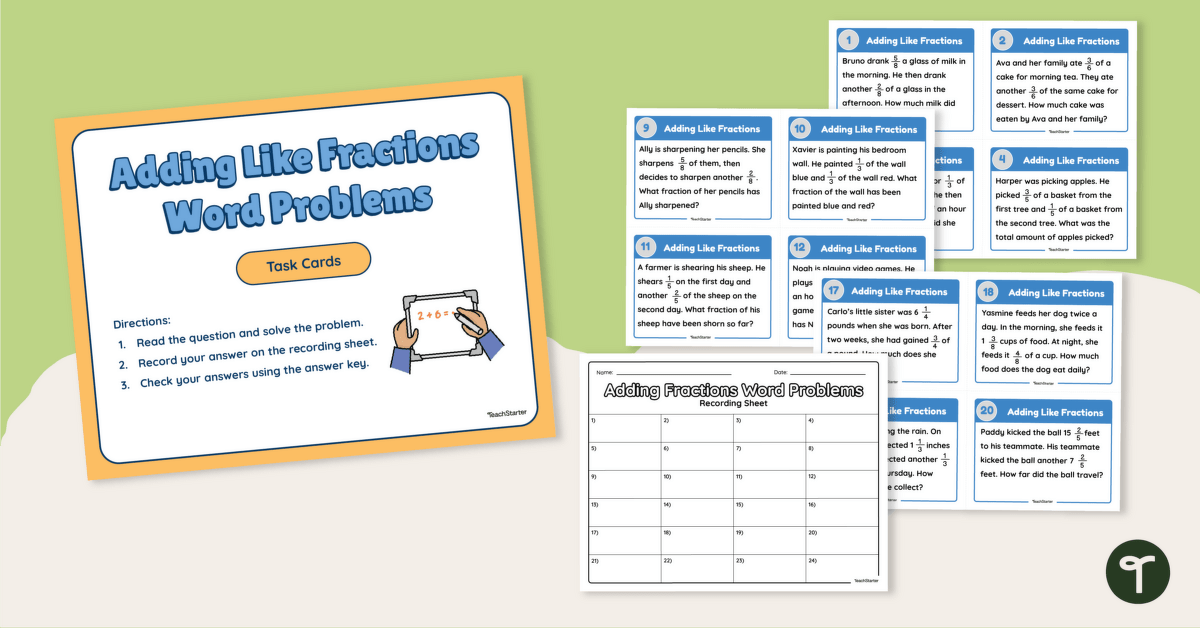Adding Like Fractions Word Problems Task Cards teaching resource