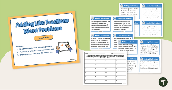 Go to Adding Like Fractions Word Problems Task Cards teaching resource