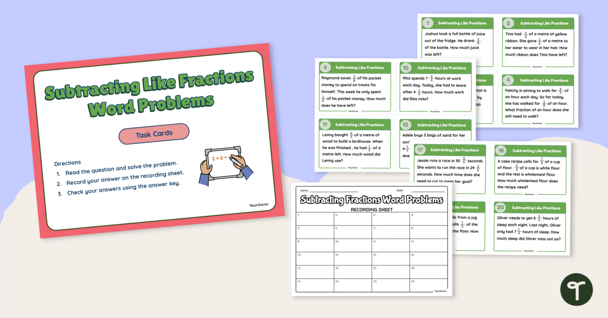 Subtracting Like Fractions Word Problems Task Cards teaching resource
