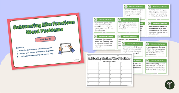 Go to Subtracting Like Fractions Word Problems Task Cards teaching resource