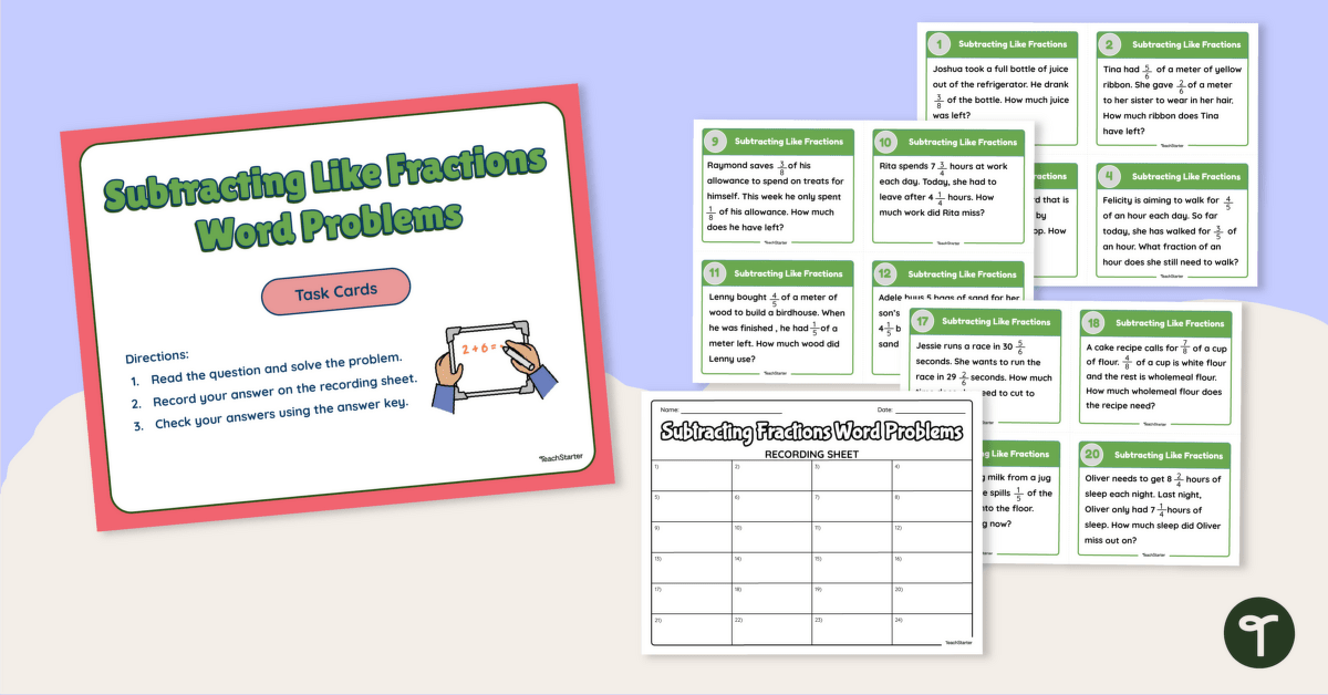 Subtracting Like Fractions Word Problems Task Cards teaching resource