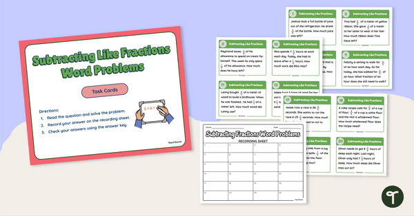 Go to Subtracting Like Fractions Word Problems Task Cards teaching resource