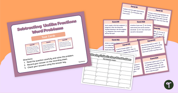 Go to Subtracting Unlike Fractions Word Problems Task Cards teaching resource