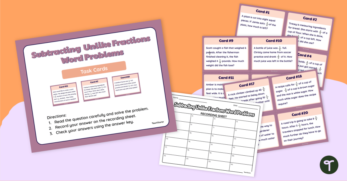 Subtracting Unlike Fractions Word Problems Task Cards teaching resource