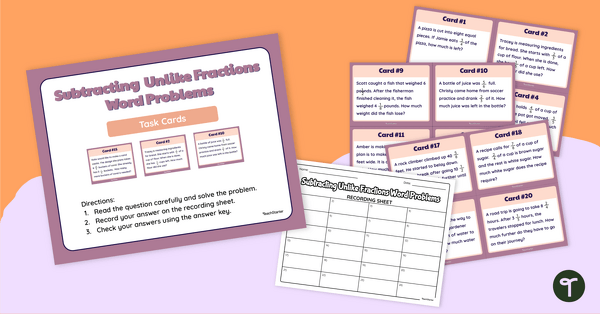 Image of Subtracting Unlike Fractions Word Problems Task Cards