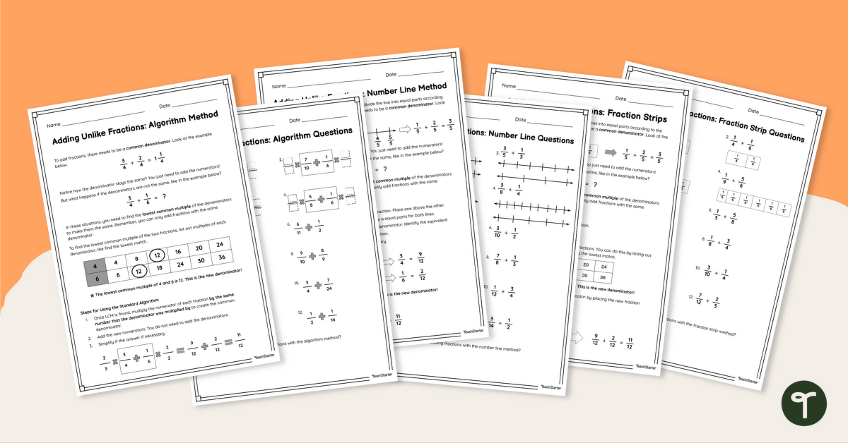 Adding Fractions with Unlike Denominators Worksheet Pack teaching resource