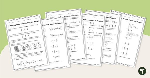 Go to Subtracting Fractions with Unlike Denominators Worksheet Pack teaching resource