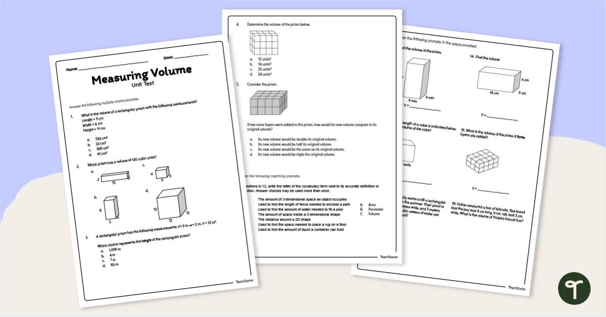Year 7 Maths Test - Measuring Volume teaching resource