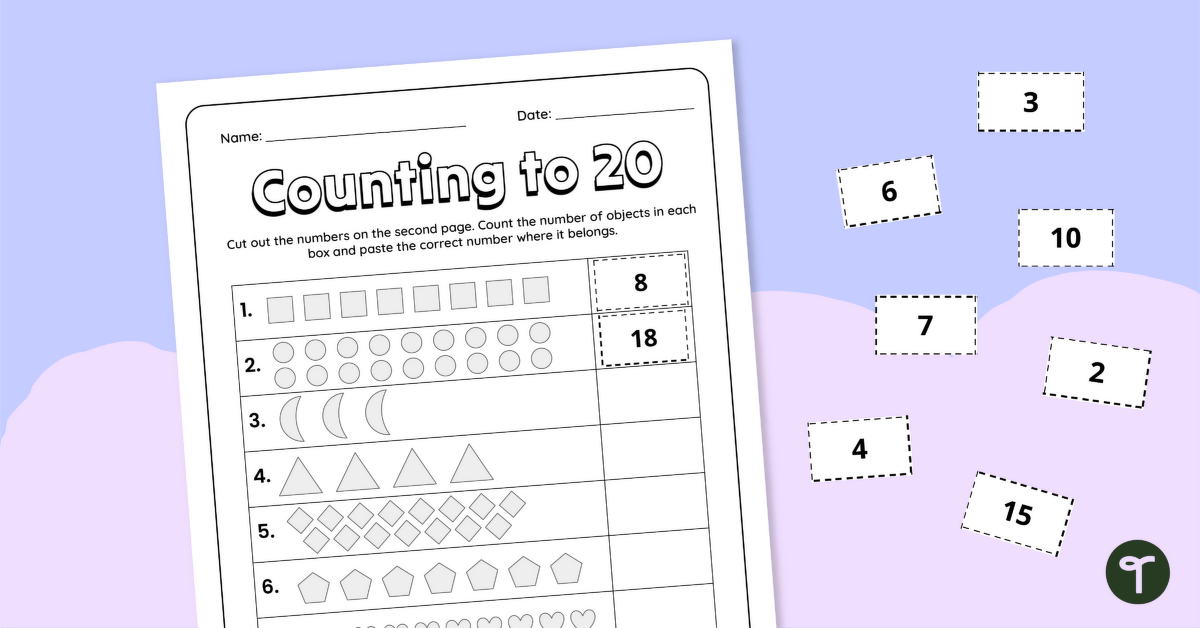 Counting to 20 Cut and Paste Worksheet teaching resource
