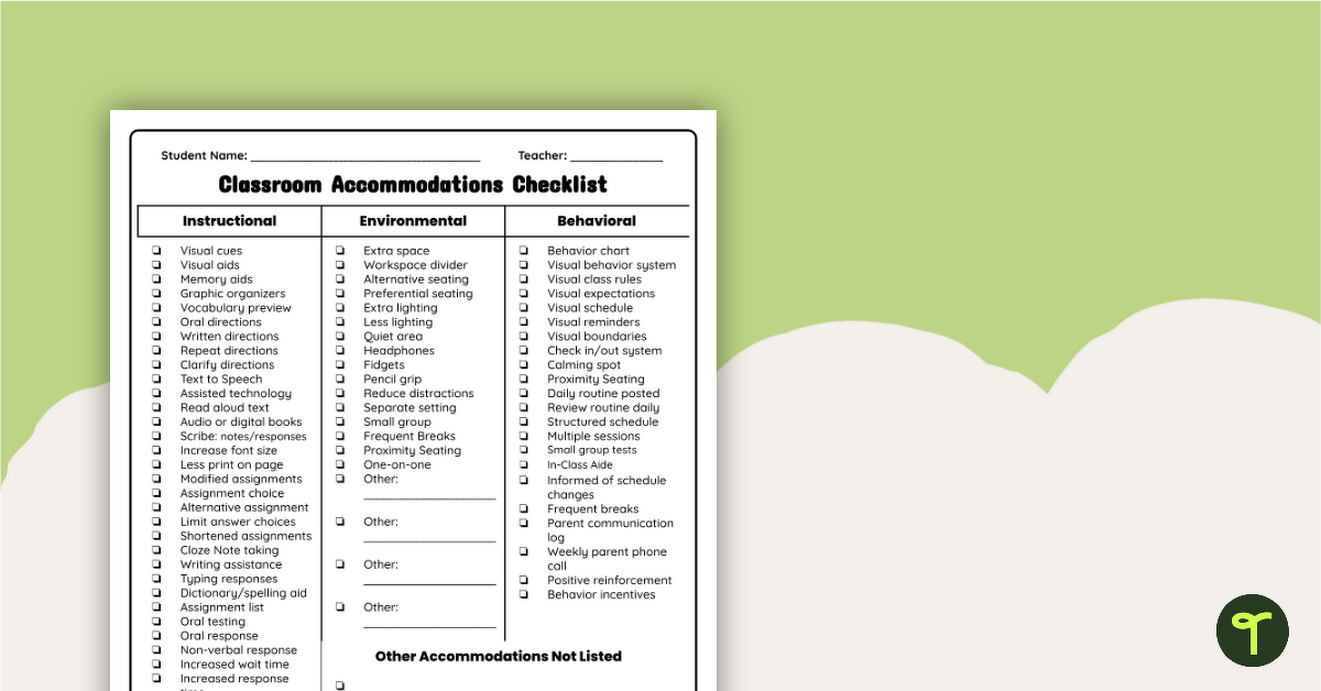 Classroom Accommodations Checklist teaching resource